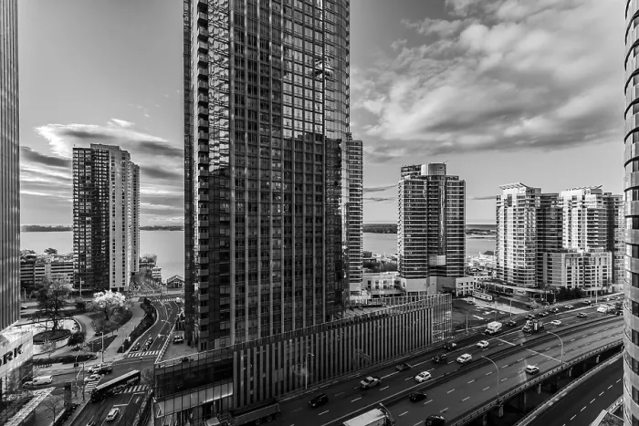 Framed Print : Black and white cityscape with tall skyscrapers