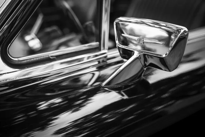 Framed Print : Black and white image of a vintage Ford Thunderbird chrome side mirror reflecting light in St Framed Print : Black and white image of a vintage Ford Thunderbird chrome side mirror reflecting light in St