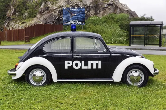 Framed Print : Black and white police patrol car VW Beetle
