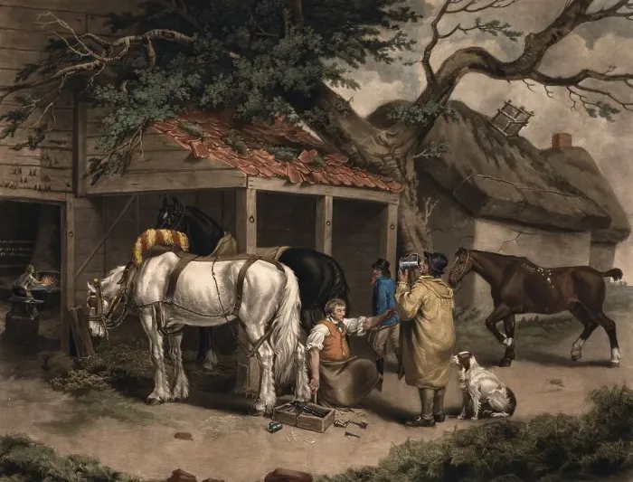 Framed Print : The blacksmith in his forge with a horse for shoeing Framed Print : The blacksmith in his forge with a horse for shoeing