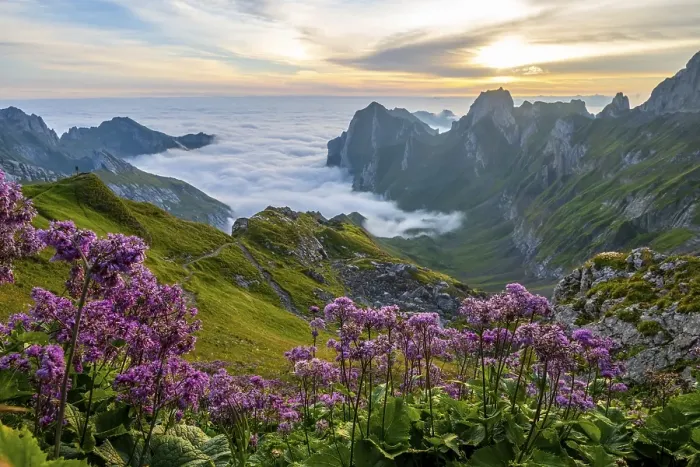 Framed Print : Blooming flowers, Alpstein, Meglisalp valley at sunrise