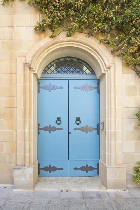 Framed Print : Blue door with iron knobs. Painted doors of Malta series