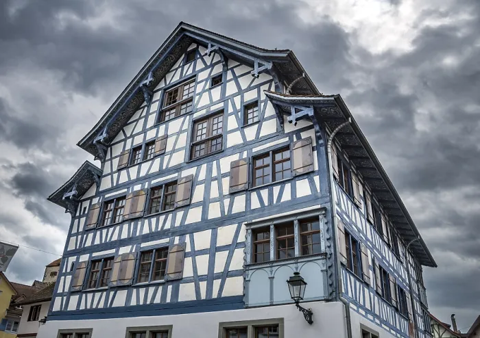 Framed Print : Blue half-timbered house, historic centre Framed Print : Blue half-timbered house, historic centre