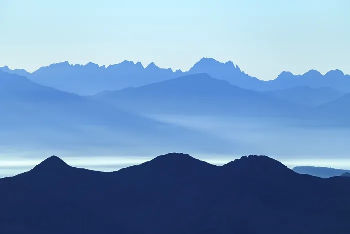 Framed Print : Blue hour over South Tyrolean mountains with haze in the valley