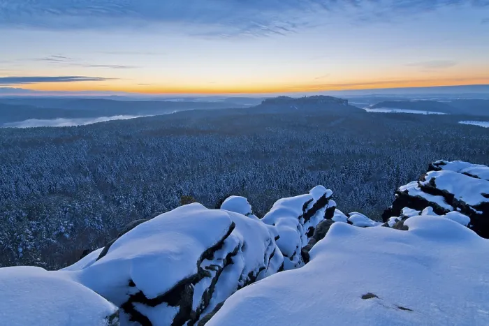 Framed Print : Blue hour after sunset on the Gohrisch table mountain with a view of the Pfaffenstein