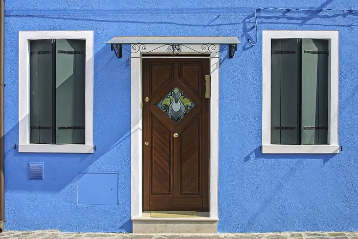 Framed Print : Blue house, front door and window