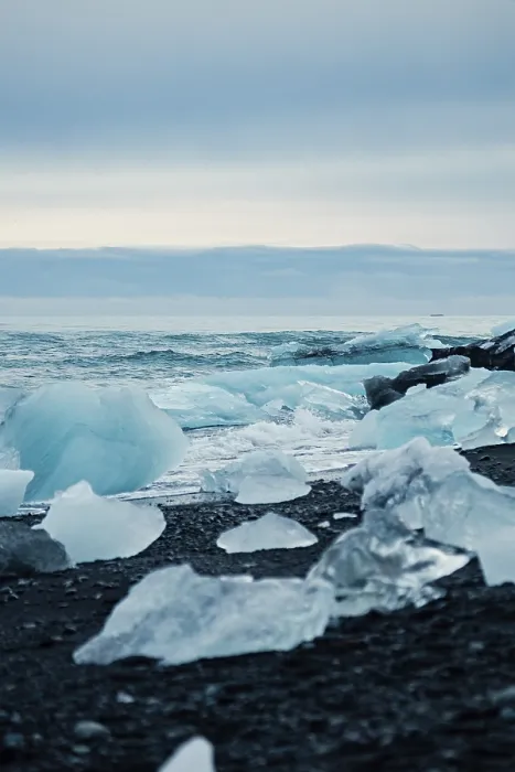 Framed Print : Blue ice pieces on black sand by a calm ocean