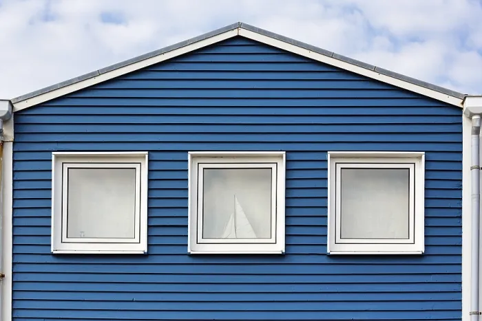 Framed Print : Blue lobster shack, wooden facade with three windows Framed Print : Blue lobster shack, wooden facade with three windows