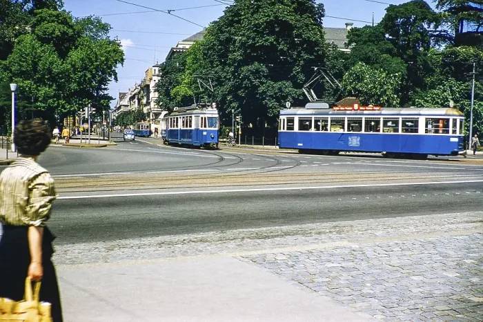 Framed Print : Blue tram trolleybuses in the city centre, Zurich, Switzerland, Europe 1950s, Europe