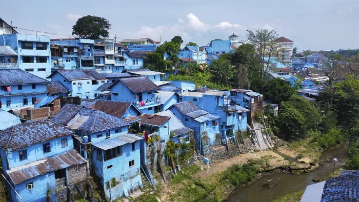 Framed Print : The blue village in Indonesia, photograped with a drone