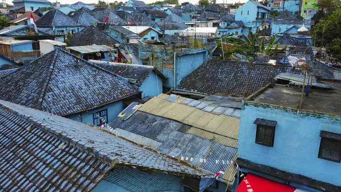 Framed Print : The blue village in Indonesia, photograped with a drone
