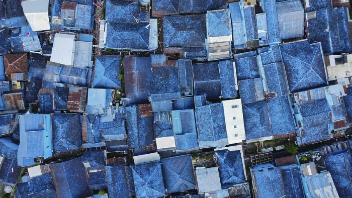 Framed Print : The blue village in Indonesia, photograped with a drone