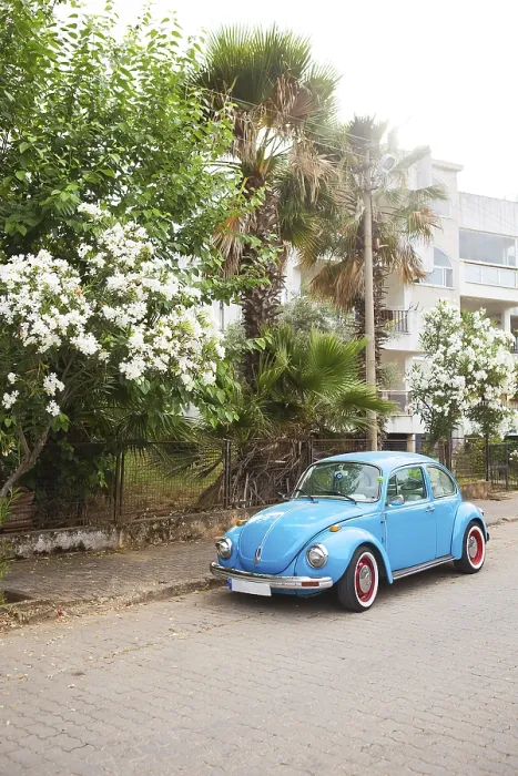 Framed Print : Blue Volkswagen beetle parked in a beautiful area