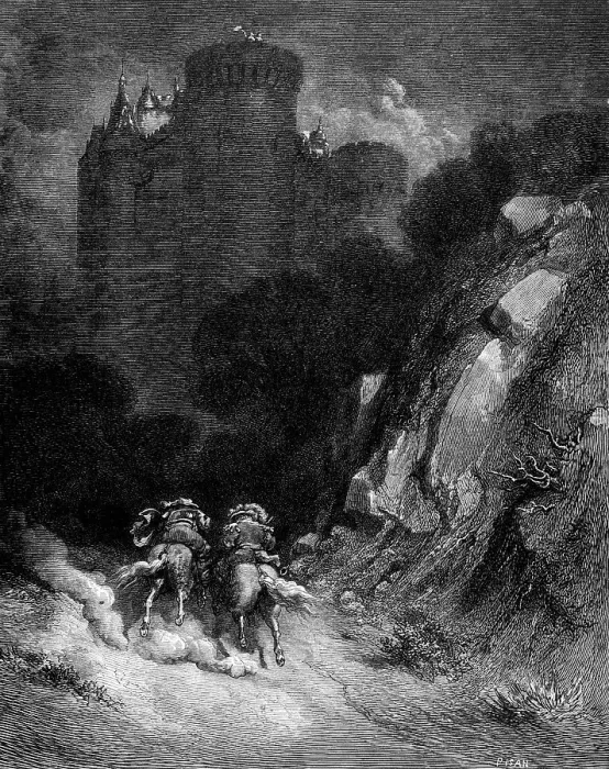 Framed Print : Bluebeard, two men riding on horses to a dark castle Framed Print : Bluebeard, two men riding on horses to a dark castle