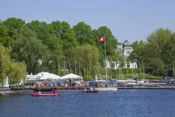 Framed Print : Boat hire and restaurant Bobby Reich on the Outer Alster in spring