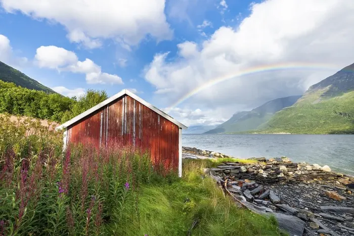 Framed Print : Boat hut with rainbow at the fjord Framed Print : Boat hut with rainbow at the fjord