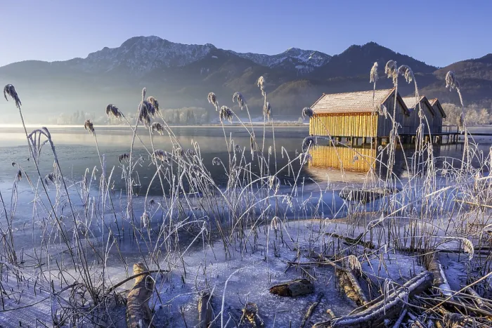 Framed Print : Boat huts, icy shore, lake, morning light