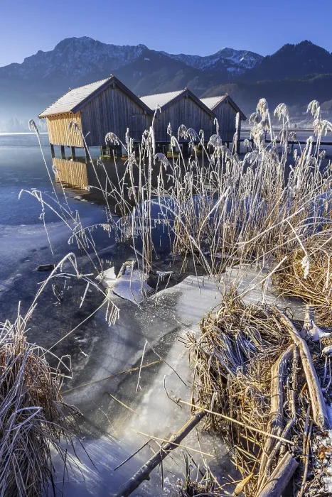 Framed Print : Boat huts, icy shore, lake, morning light