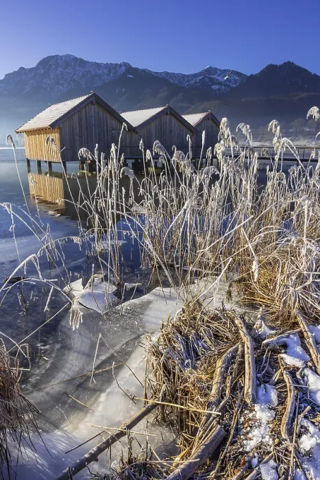 Framed Print : Boat huts, icy shore, lake, morning light Framed Print : Boat huts, icy shore, lake, morning light