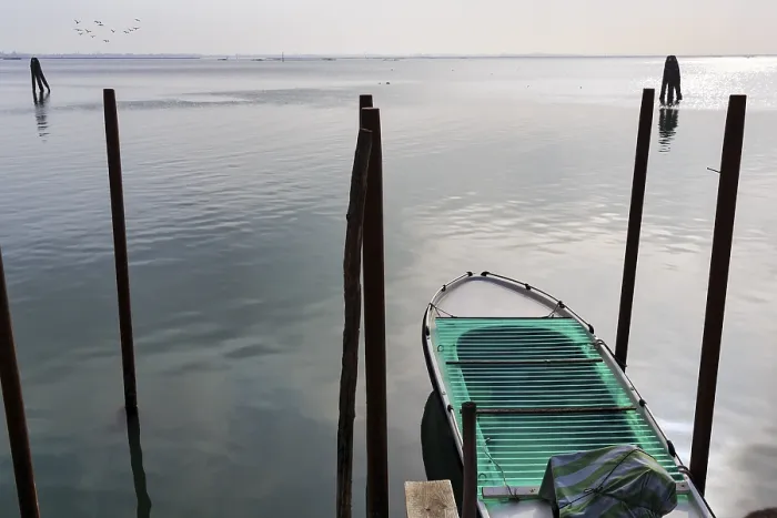 Framed Print : Boat, jetty on the lagoon, Burano