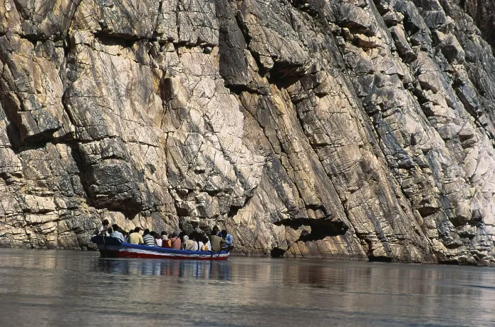 Framed Print : Boating at Marble rocks in river Narmada