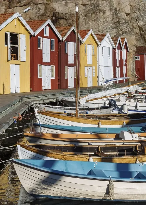 Framed Print : Boats and colourful boathouses in the harbour of Smoegen Framed Print : Boats and colourful boathouses in the harbour of Smoegen