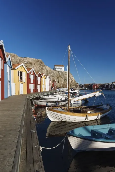 Framed Print : Boats and colourful boathouses in the harbour of Smoegen Framed Print : Boats and colourful boathouses in the harbour of Smoegen