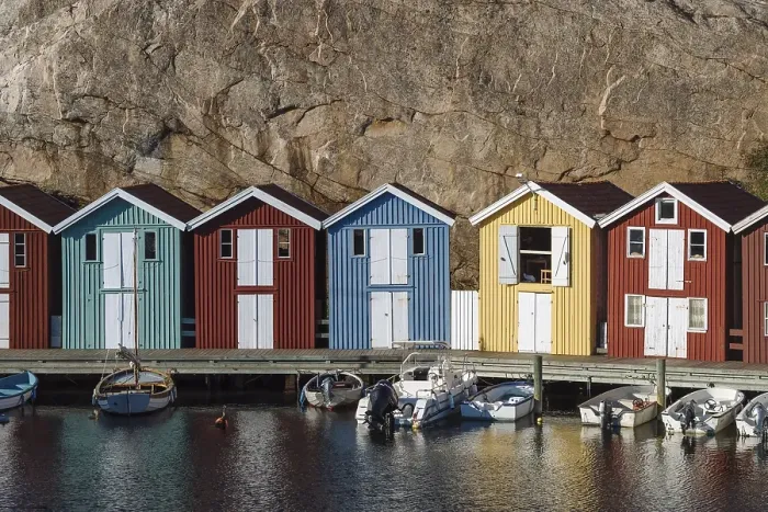 Framed Print : Boats and colourful boathouses in the harbour of Smoegen Framed Print : Boats and colourful boathouses in the harbour of Smoegen