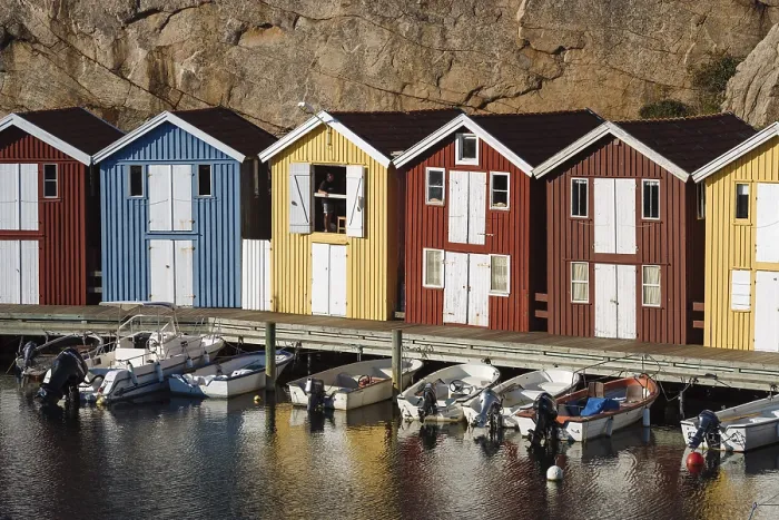 Framed Print : Boats and colourful boathouses in the harbour of Smoegen Framed Print : Boats and colourful boathouses in the harbour of Smoegen