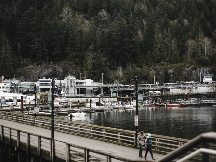 Framed Print : Boats docked alongside a wooden pier with a backdrop of dense forest in Horseshoe Bay