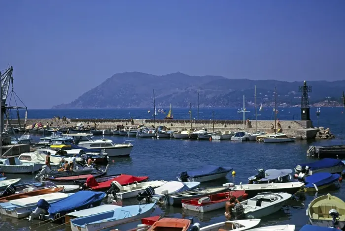 Framed Print : Boats in the harbour of Les Sablettes, French river landscape, France 1974