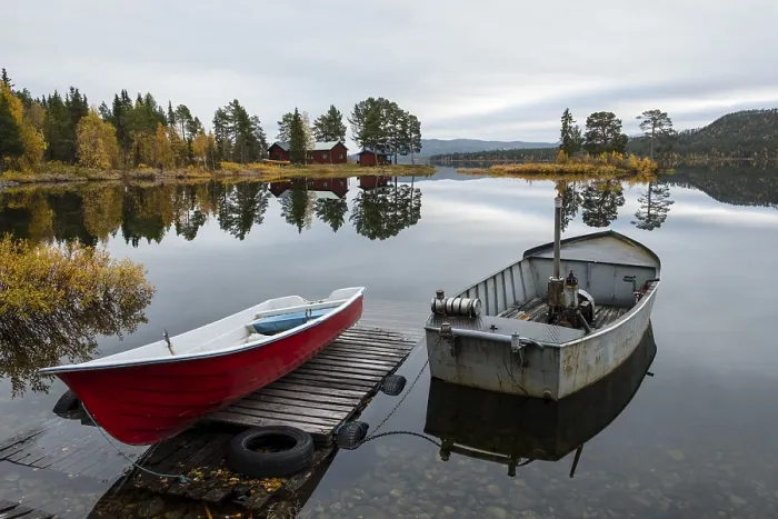 Framed Print : Boats at the lake, Autumnal landscape
