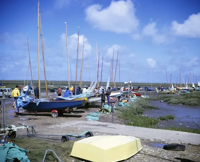 Framed Print : Boats being prepared for sailing in Brancaster Staithe, Norfolk, England, 1966