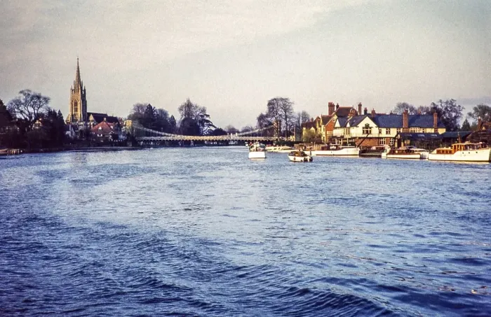 Framed Print : Boats on the Thames, Marlow, Buckinghamshire, England, UK 17 April 1960 View of the bridge and the church of Marlow