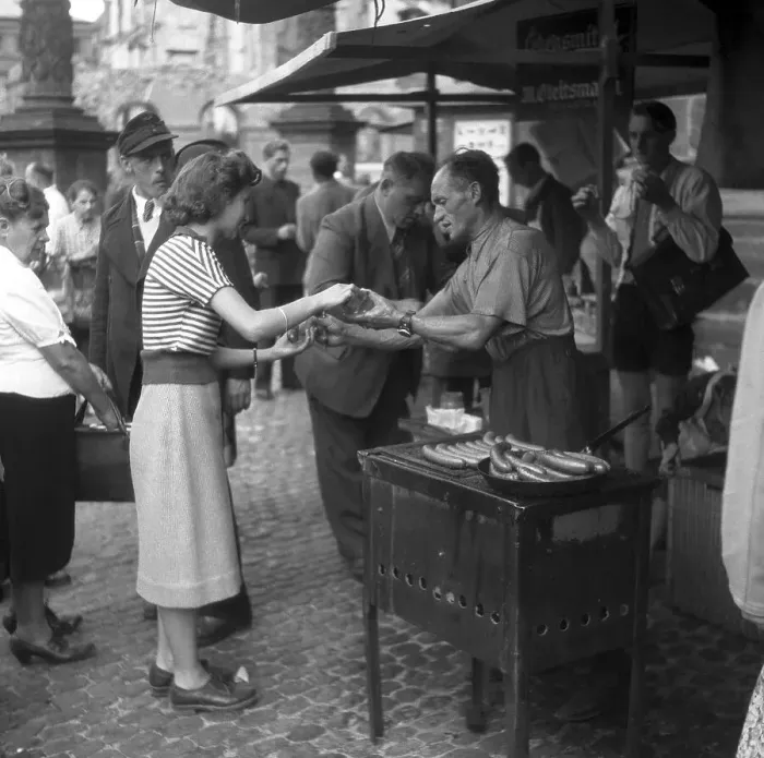 Framed Print : Bockwurst, sausage salesman on a street in Freiburg