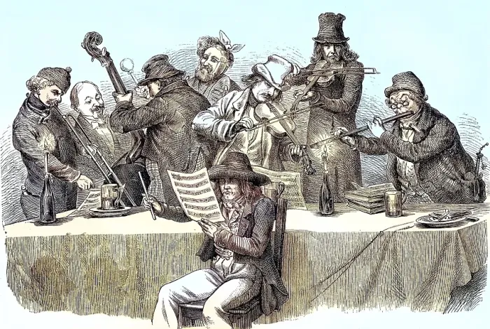 Framed Print : Bohemian musicians, coloured woodcut from 1864