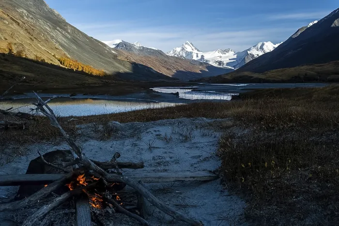 Framed Print : A bonfire on the banks of the Altai Mountain River