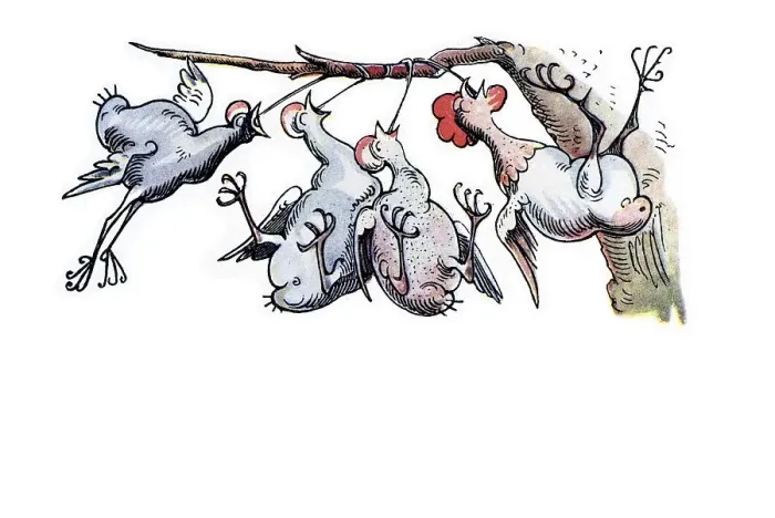 Framed Print : Book illustration, rooster and chickens with bread on strings caught in a tree