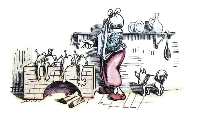 Framed Print : Book illustration, widow Bolte cooking dead chickens Framed Print : Book illustration, widow Bolte cooking dead chickens
