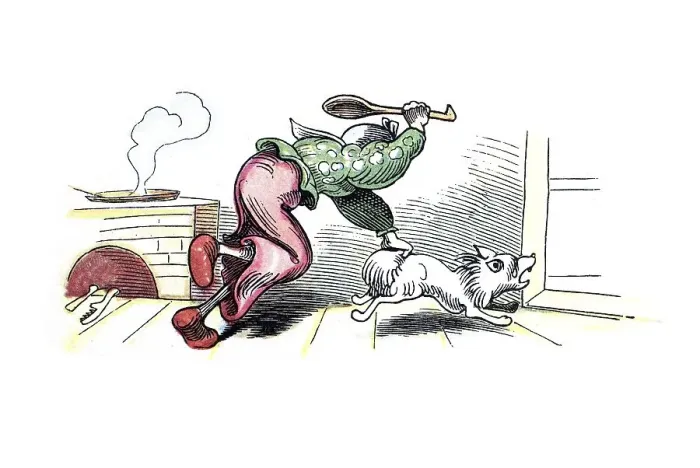 Framed Print : Book illustration, widow Bolte hitting her dog Spitz because of the chickens Framed Print : Book illustration, widow Bolte hitting her dog Spitz because of the chickens