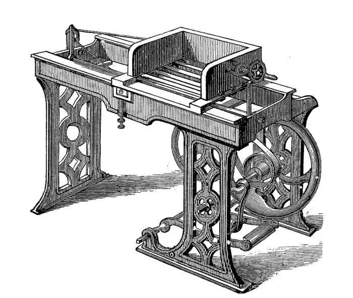Framed Print : Bookbinding machines 1890: Single-saw machine Framed Print : Bookbinding machines 1890: Single-saw machine