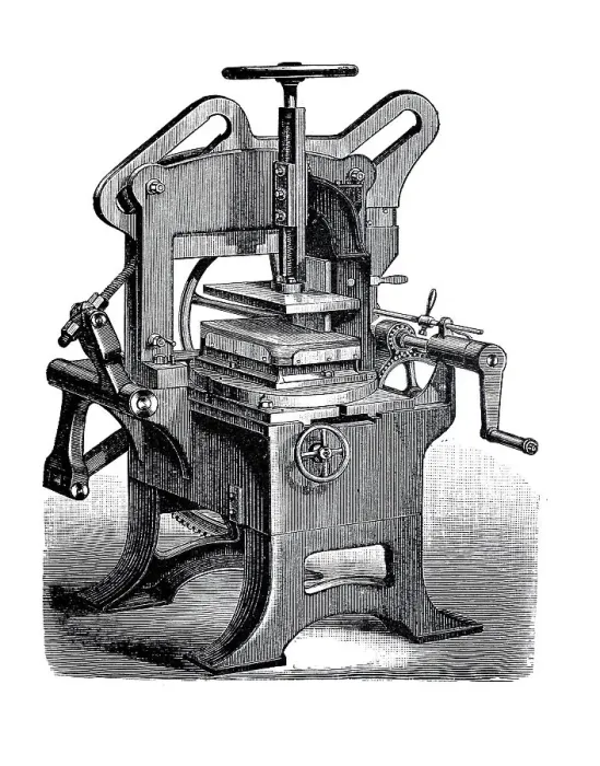 Framed Print : Bookbinding machines 1890: Three-sided trimming machine Framed Print : Bookbinding machines 1890: Three-sided trimming machine