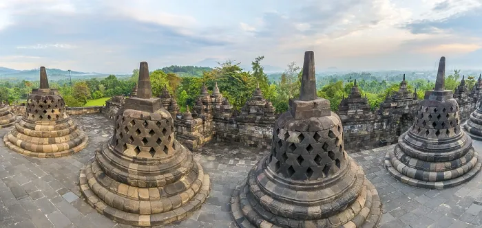 Framed Print : Borobudur temple, stupas, cloudy sky