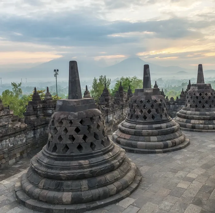 Framed Print : Borobudur temple, stupas, cloudy sky