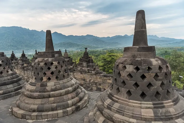 Framed Print : Borobudur temple, stupas, cloudy sky Framed Print : Borobudur temple, stupas, cloudy sky