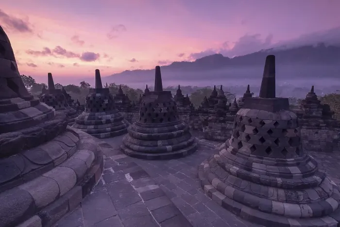 Framed Print : Borobudur temple at sunrise, stupas Framed Print : Borobudur temple at sunrise, stupas
