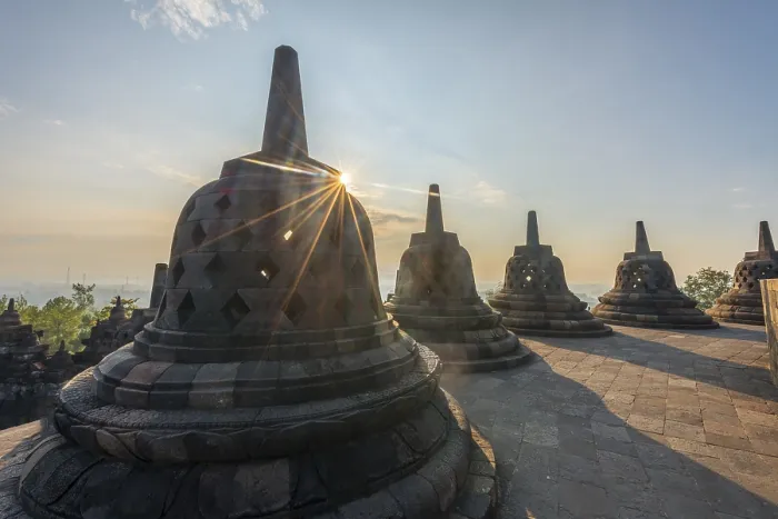 Framed Print : Borobudur temple at sunrise, stupas