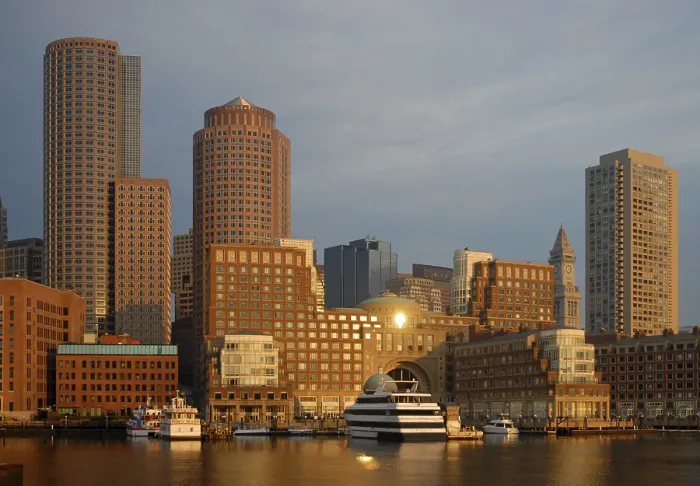 Framed Print : Boston Harbor as seen from Fan Pier in the evening light
