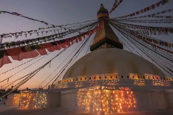 Framed Print : Boudhanath Stupa decorated with prayer flags and lights for the full moon festival