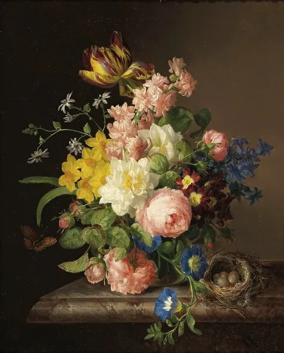 Framed Print : Bouquet of flowers with bird's nest and butterfly Framed Print : Bouquet of flowers with bird's nest and butterfly